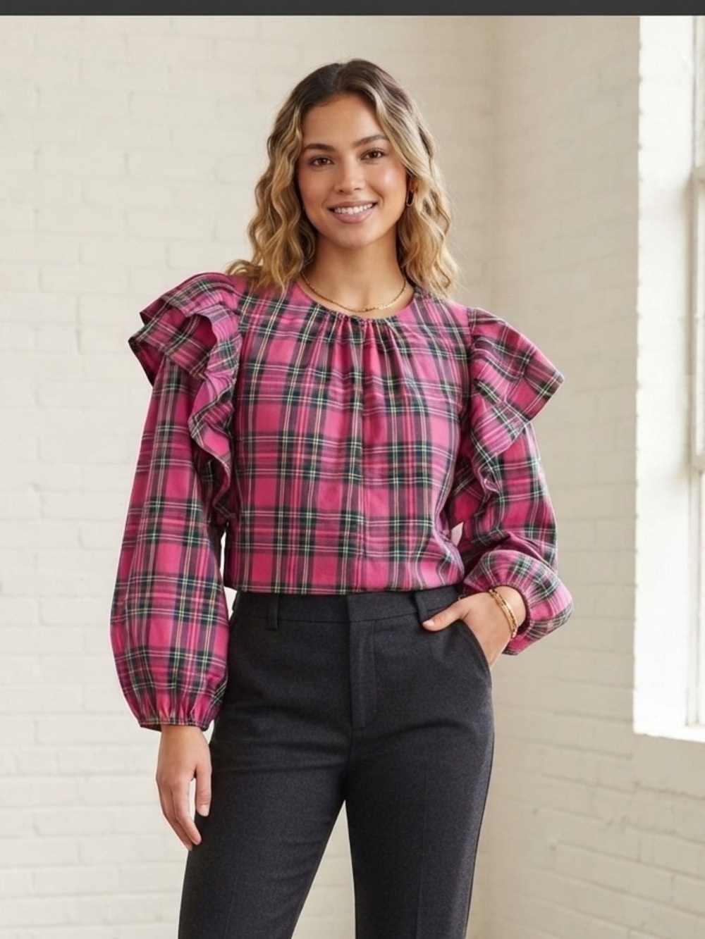 Entro Pink Tartan Plaid Ruffle Blouse